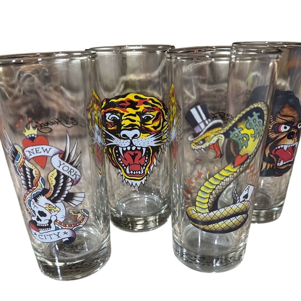 Ed Hardy Set of‎ 4 Tall Tumbler Glasses Tiger Snake Gorilla Eagle Tattoo Art vtg
